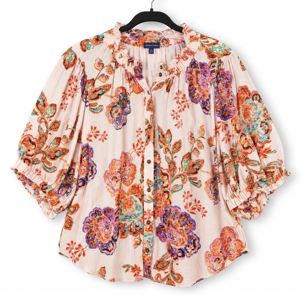 Democracy Button Down Blouse Womens Plus 2X Pink Floral Boho Peasant Cottagecore